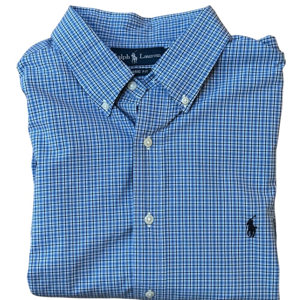 Vintage Polo Ralph Lauren Tattersall Check Blue Cotton Poplin Button Down XXL